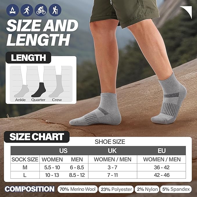 6 Pairs Merino Wool Ankle Running Hiking Socks Compression Support Breathable Thick Cushion No Show Socks for Women Men