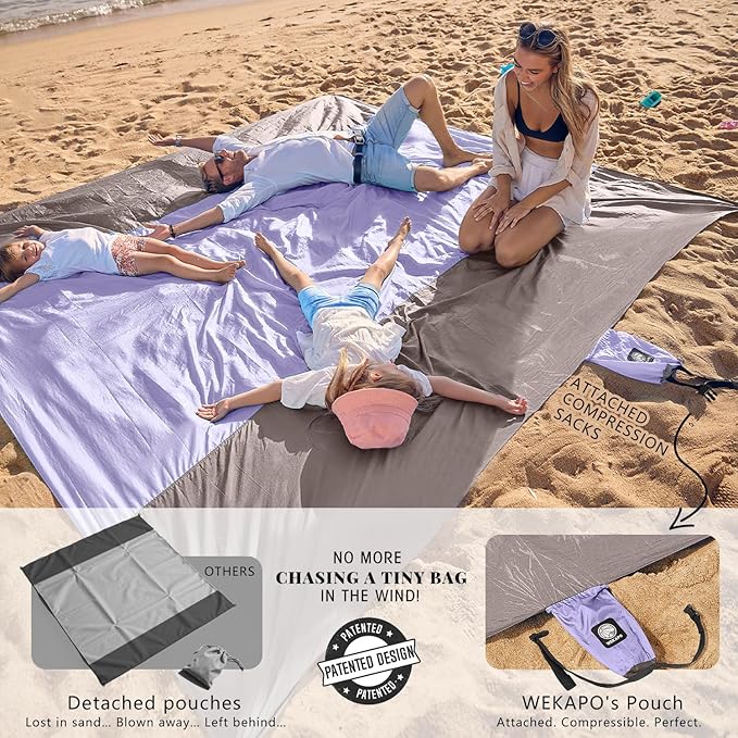WEKAPO Beach Blanket Sandproof Waterproof, Extra Large Beach Mat, Oversized & Compact Sand Free Mat Quick Drying, Lightweight & Durable with 6 Stakes & 4 Corner Pockets