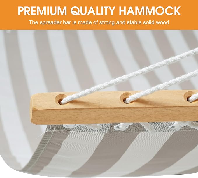 Lazy Daze Hammocks Quick Dry Hammock with Spreader Bar Textliene Fabric Double Outside Hammock with Chains Outdoor Patio Poolside Backyard Beach 450 lbs Capacity, Beige White Stripes