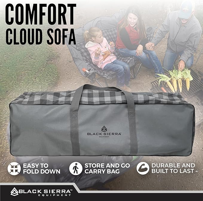 Black Sierra Double Camping Chair for Adults, Oversized Folding Loveseat Supports 600 lbs, Plush Padded Outdoor Couch with Cup Holders and Carry Bag for Beach, Patio, RV, or Tailgating Events