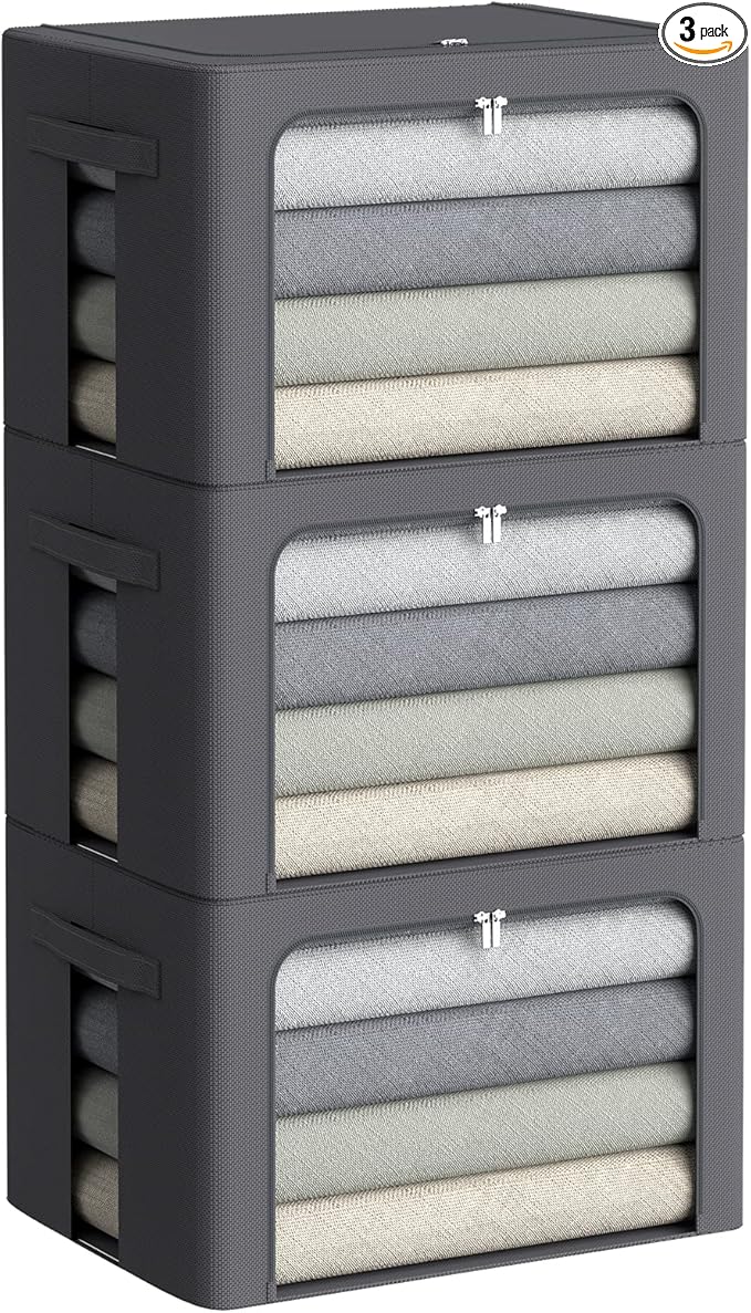 3Pack Stackable Clothes Storage Bins - Oxford Frame Storage Box Foldable Clothing Storage Container Organizer Set with Clear Window & Carry Handles Large Capacity (Dark Gray, Large-66L)