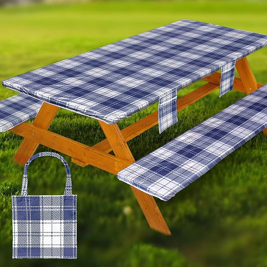 Fitted Picnic Table Cover with Bench Covers Waterproof Elastic Edges Rectangle Patio Tablecloth Outdoor Camping Essentials Stuff Rv Accessories Summer Trip Travel Camper Gifts for Woman Men, 96in 8 ft