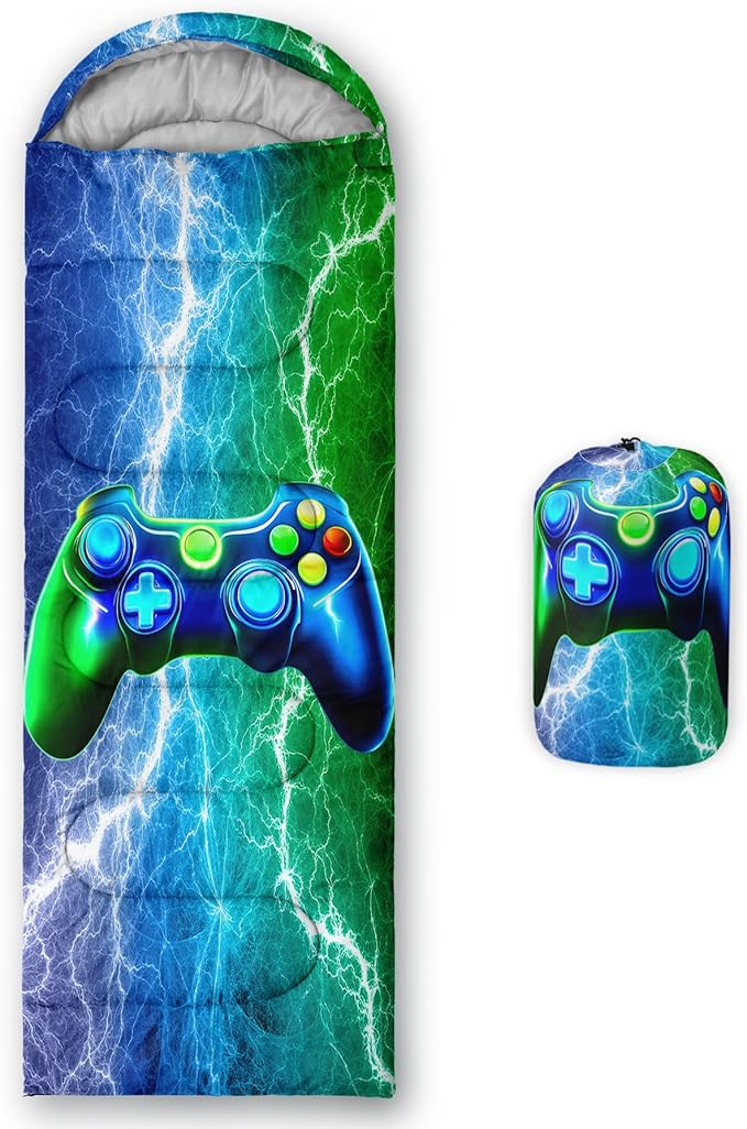Axolotl Blue Gamepad Sleeping Bag,Waterproof Lightweight Gaming Sleeping Bag Game Console Camping Bag for Boys Teens,Warm and Cool Weather Green Portable Sleeping Bag for Camping Outdoor Indoor