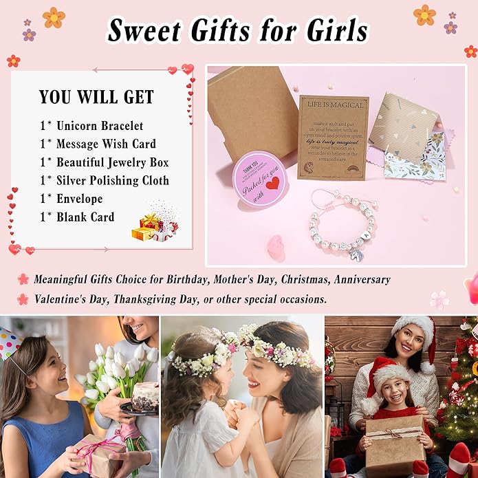 Hidepoo Unicorn Bracelet Gifts for Girls - Adjustable Pink Pearl and Rhinestone Balls Heart Initial Unicorn Bracelets Jewelry CZ Unicorn Bracelet Birthday Gifts for Girls