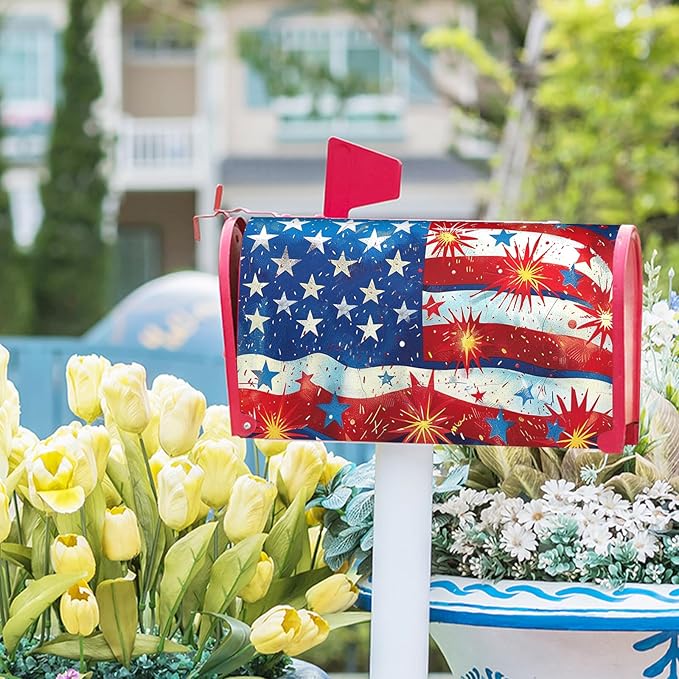 American Flag Magnetic Mailbox Cover Fireworks and Flag USA Holiday Mailbox Covers Large Size 25.5" x 21" Independence Day July 4th Post Letter Box Wraps for Outdoor Garden Yard Home Decor