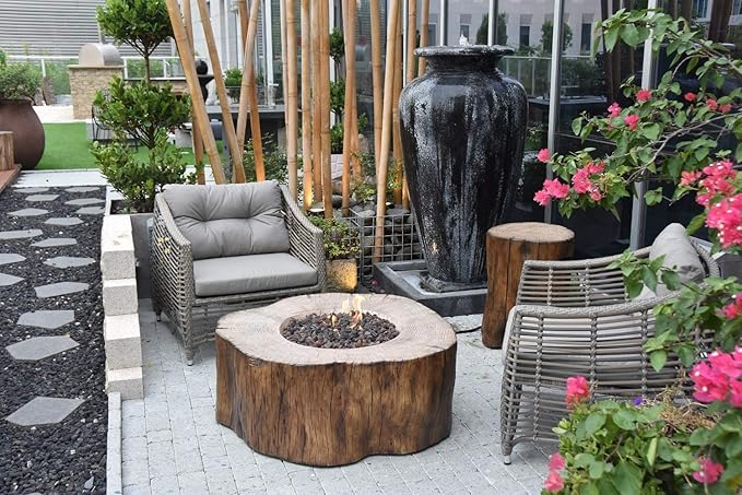 Elementi | Manchester Gas Fire Pit Cast Concrete Semi-Round Fire Table, Outdoor Fire Pit Electronic Ignition | Canvas Cover, Lava Rock Included | Red Wood (Propane Gas)