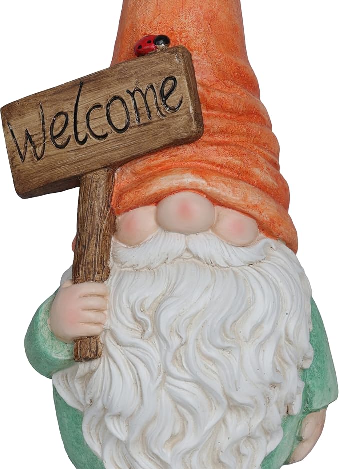 Alpine Corporation MCC848 Indoor/Outdoor Gnome with "Welcome" Sign Garden Statue, Charming Gnome with Hat, 26"H, Orange