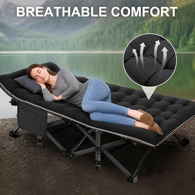 ABORON Folding Camping Cot W/Mat for Adults, Heavy Duty Outdoor Bed with Carry Bag,1200 D Layer Oxford Travel Camp Cots (Black Cot with Black Cotton Pad)