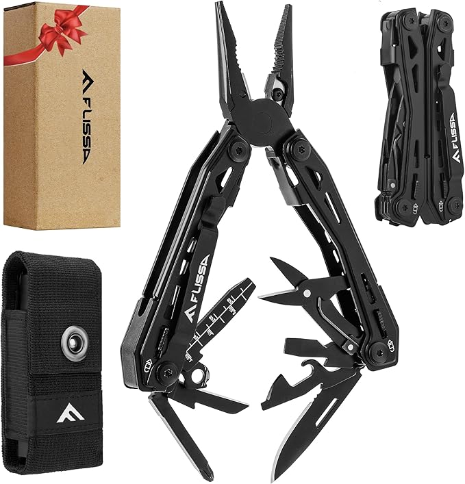FLISSA 16-in-1 Stainless Steel Multi Tool, Gift for Dad, EDC Multitool with Pocket Knife, Pliers, Belt Clip and Oxford Sheath, Self-locking Utility Multi-Tool for Camping Survival Outdoor