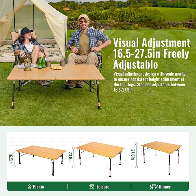 KingCamp Bamboo Folding Table, 4-Fold Camping Adjustable Height Portable Outdoor Lightweight & Compact Table with Aluminum Frame for RV Picnic BBQ Tailgating
