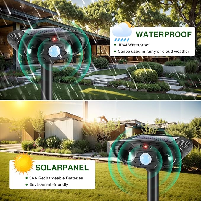 2Pack Deer Repellent Device Ultrasonic Raccoon Repellent Outdoor Solar Animal Repeller with Motion Detection Cat Deterrent Outdoorto Scare Rabbit Dog Coyote Squirrel Skunk Repellent for Yard 2025