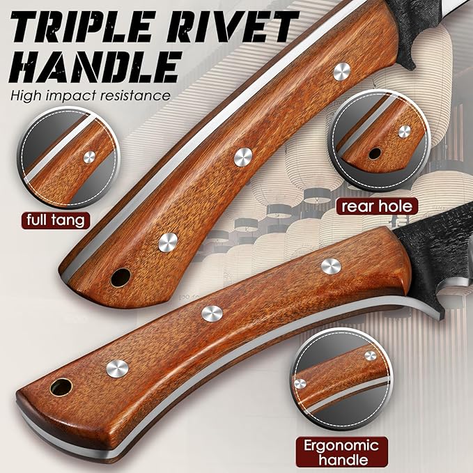 Freelander Japanese Style High Carbon Steel Machete with Red Sandalwood Ergonomic Full Tang Handle and Wood-Leather Sheath — Heavy-Duty Outdoor Tool for Camping, Hiking, Yard Work, and Survival