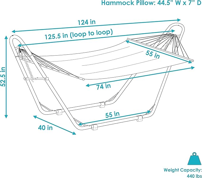 Sunnydaze Double Quilted Fabric Hammock with Universal Steel Stand - 450-Pound Capacity - Black Stand - Mountainside