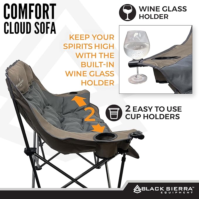 Black Sierra Double Camping Chair for Adults, Oversized Folding Loveseat Supports 600 lbs, Plush Padded Outdoor Couch with Cup Holders and Carry Bag for Beach, Patio, RV, or Tailgating Events