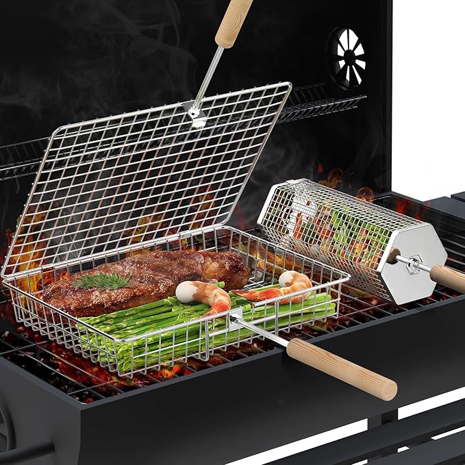 Grill Basket Set (Rectangular+Hexagon), Removable Wooden Handle, 304 Stainless Steel, Rolling Grilling Net, BBQ Accessories Tools for Vegetables Shrimp, Outdoor Cooking Camping, Birthday Gifts for Men Dad Husband