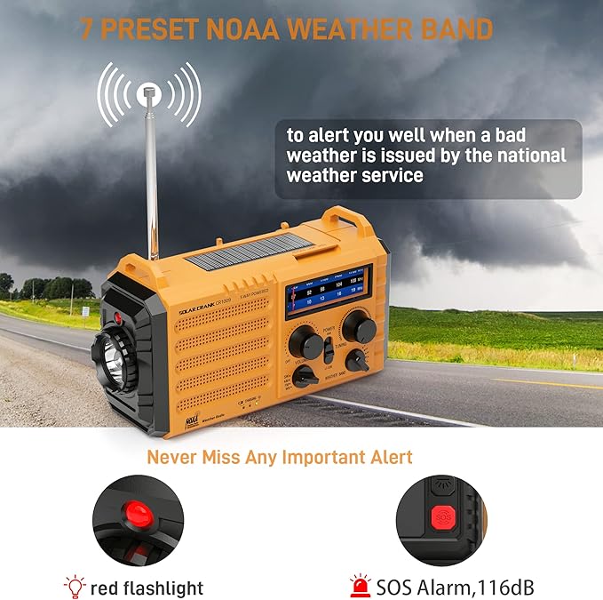 Emergency Radio with NOAA Weather Alert– 5000mAh Solar Hand Crank Portable AM/FM Shortwave Radio, Rechargeable Battery, USB Charger, Flashlight, SOS Alarm for Home Outdoor Hurricane Survival