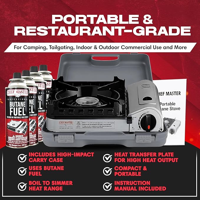 15,000 BTU Output Portable Butane Camping Stove by Chef Master, Double Wind-Guard Portable Stove Burner, Peizo Click Ignition for Emergencies, Tailgating, Hiking, Backpacking, Camping Essential -90019