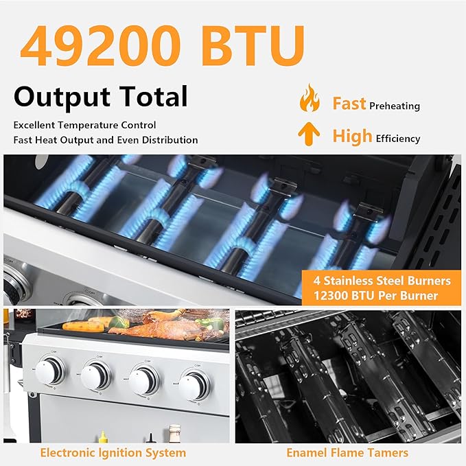 4-Burner Propane Gas BBQ Grill with Plate, 49200 BTU 2 in 1 Propane Griddle Grill Combo with 2 Foldable Side Table for Outdoor Cooking Camping Patio Backyard (4 burner +griddle)