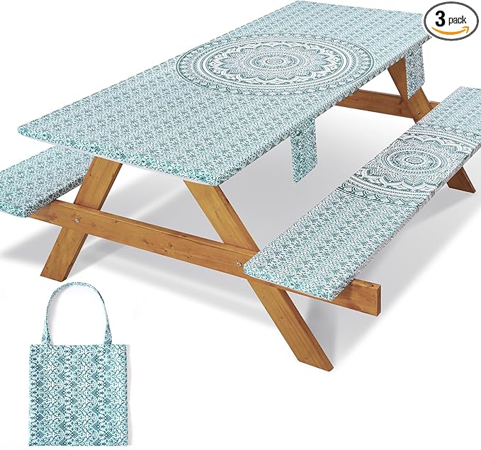 Fitted 6Ft Picnic Table Cover with Chair Covers Elastic Polyester Stain Resistant Reusable Camping Table Cloth Patio Glamping Equipment Hiking Rv Outdoor Necessities Gifts for Grandma Grandpa