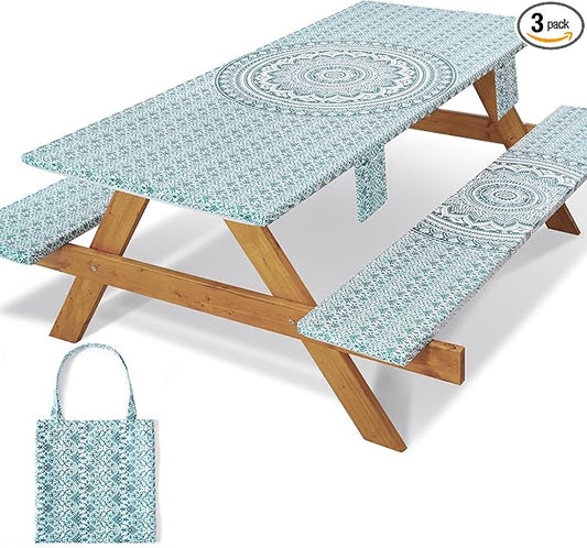 Fitted 6Ft Picnic Table Cover with Chair Covers Elastic Polyester Stain Resistant Reusable Camping Table Cloth Patio Glamping Equipment Hiking Rv Outdoor Necessities Gifts for Grandma Grandpa