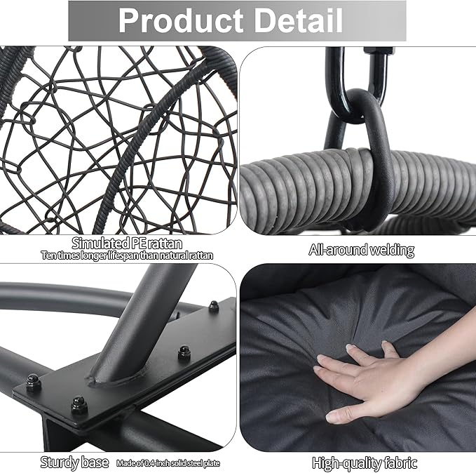 Hanging Egg Chair with Stand - Egg Swing Chair Outdoor Indoor Patio Wicker Chair Swing Hammock Egg Chairs 400lbs Capacity for Outside Patio, Bedroom, Garden and Balcony (Grey-nest, 2P)