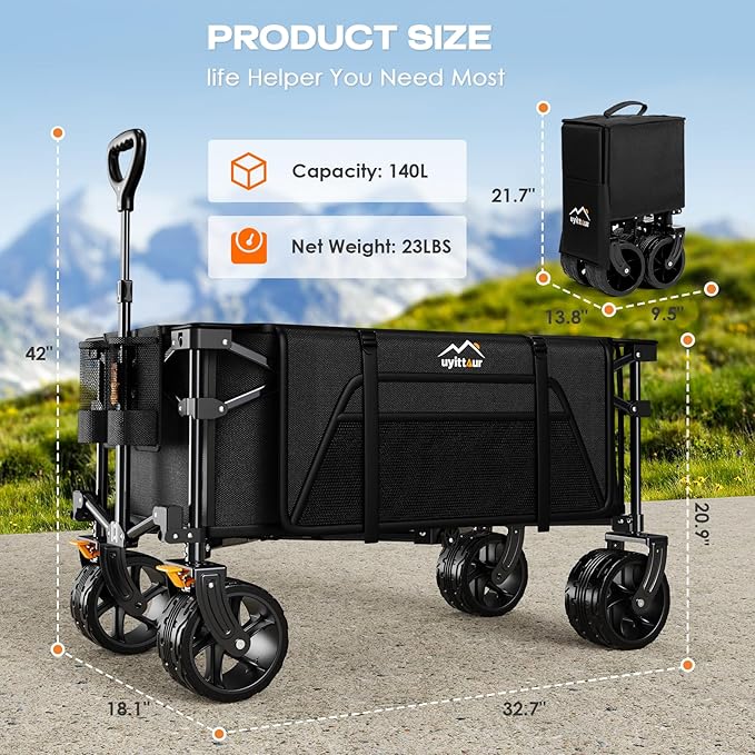 Collapsible Wagon Cart Heavy Duty Foldable, Folding Beach Wagon with Big Wheels for Sand, Utility Grocery Cart with Side Pocket and Brakes for Camping Sports Outdoor Activities, Black