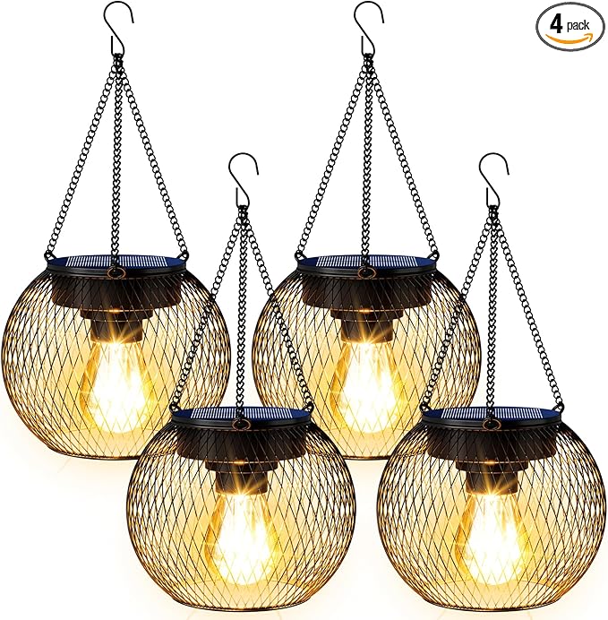 Solar Lanterns Outdoor Waterproof 4 Pack, Upgraded Metal Solar Hanging Lights with Hooks & Auto On/Off, Brighter Warm Outdoor Hanging Lantern Lighting for Porch Garden Yard Pathway Decor