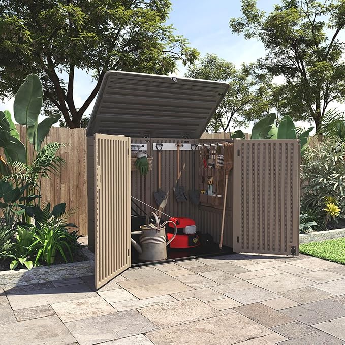 HOMSPARK Storage Shed Weather Resistance, Multi-Purpose Outdoor Storage Cabinet Waterproof, Outdoor Storage Cabinet for Bike, Garbage Cans, Lawnmower, Garden Accessories (coffee, Extra Large-48 cu ft)