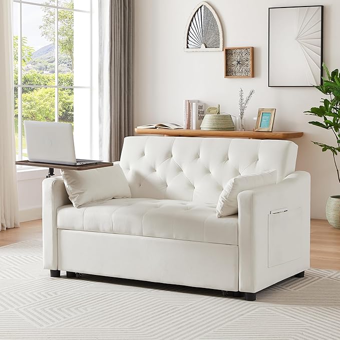 53.15" Convertible Sleeper Sofa Bed with Swivel Table, Adjustable Backrest & Side Pocket, Pull-Out Velvet Loveseat Futon for Small Spaces, Easy Assembly, 3-in-1 Couch Bed for Living Room