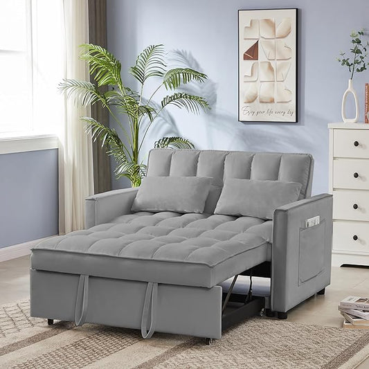 53" Convertible Sofa Bed with Pull-Out Bed - Velvet 3-in-1 Reclining Futon Loveseat, Space-Saving Sleeper Couch with Adjustable Backrest & Side Pockets, Modern Living Room Furniture (Grey, Full Size)