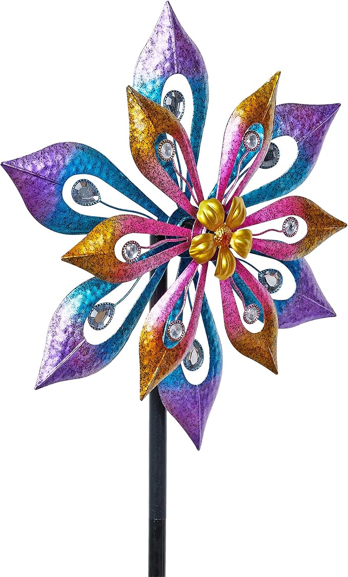 Alpine Corporation SLL2338 Metal Layered Floral Wind Spinner Garden Stake, Colorful Decor for Garden, Patio, & Lawn, 54" H