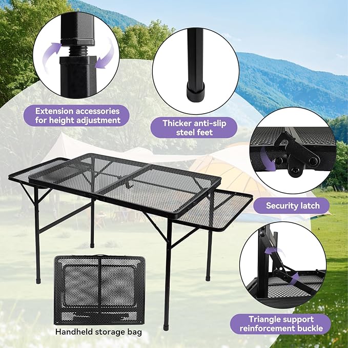 BRIAN & DANY 3x2 FT Camping Table with 2 Wing Panels, Folding Grill Table, Metal Portable Picnic Table, Lightweight Height Adjustable Foldable Table for Outdoor, Black