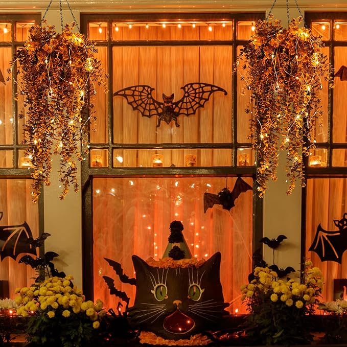 Fall Artificial Hanging Plants Artificial Fall Flowers Faux Autumn Plants Faux Hanging Plants Artificial Plants Fake Plants with Lights for Thanksgiving Indoor Outdoor Wedding Garden Party (Brown)