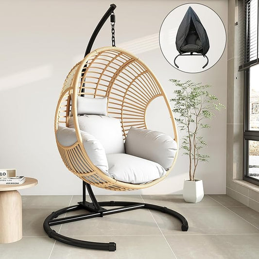 Hanging Egg Chair with Stand - Egg Swing Chair Outdoor Indoor Patio Wicker Chair Swing Hammock Egg Chairs 400lbs Capacity for Outside Patio, Bedroom, Garden, Balcony（Beige-Regular, 1PC