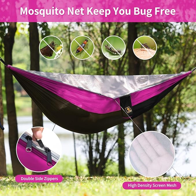 Camping Hammock, Portable Hammocks with Mosquito Net,Lightweight Nylon Parachute Hammock with 10ft Tree Straps,Camping Gear Must Haves for Travel Hiking Backpacking Beach Patio-Black&Pink