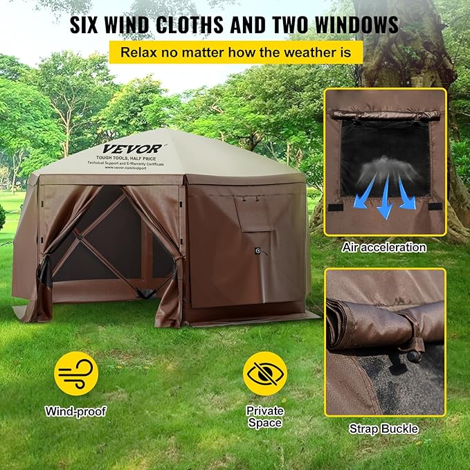 VEVOR Pop Up Gazebo Screen Tent, Pop-Up Instant Gazebo Tents with Mosquito Netting Outdoor Canopy, 6 Sided Sun Shelter 10x10ft with 6 Removable Wind Cloths & 2 Mesh Windows, Pavilion Tent for Patio