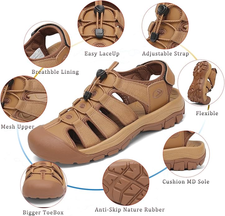 FLARUT Men's Athletic Sandals - Closed Toe Sport Hiking & Outdoor Walking Water Sandals with Anti-Slip Cushioning and Breathable Mesh
