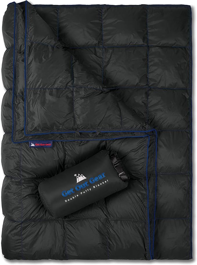 Double Puffy Camping Blanket - Extra Puffy, Packable, Lightweight and Warm | Ideal for Outdoors, Travel, Stadium, Festivals, Beach, Hammock | Water-Resistant Camp Quilt (Black/Blue)