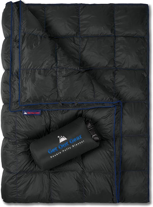 Double Puffy Camping Blanket - Extra Puffy, Packable, Lightweight and Warm | Ideal for Outdoors, Travel, Stadium, Festivals, Beach, Hammock | Water-Resistant Camp Quilt (Black/Blue)