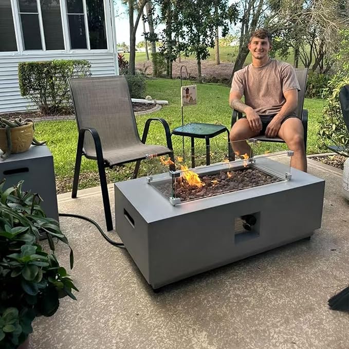 42" Rectangular Propane Fire Pit – 3-Piece 50,000 BTU Concrete Fire Pit with Glass Wind Guard and Tank Cover Table – Outdoor Firepits – Gas Fireplace for Deck or Patio