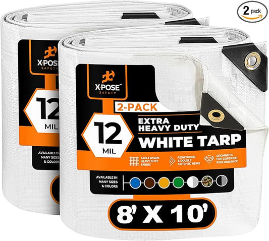 Heavy Duty White Poly Tarp 8' X 10' (2-Pack) - Multipurpose Protective Cover - Durable, Waterproof, Weather Proof, Rip and Tear Resistant - Extra Thick 12 Mil Polyethylene - by Xpose Safety