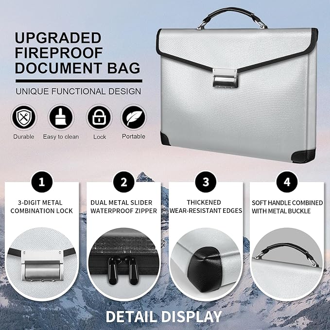 Fireproof Document Bag 14.5"X11"X2.5" Fireproof Money Bag for Cash With Lock and Zipper,Fire&Waterproof Storage Organizer Pouch for Valuables,Legal Document,Laptop,Passport,(Silver)