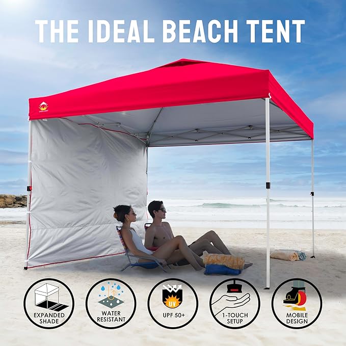 CROWN SHADES 10x10 Pop Up Canopy with 1 Side Wall - Beach Tent with One Push Setup - Outdoor Sun Shade for Events, Parties, Camping - Gazebo with STO-N-Go Cover Bag (Red)