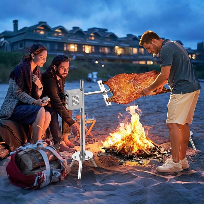 Jocisland Electric BBQ Rotisserie Grill Kit, 46" 132 Lbs Capacity, 45W Motor, Height-Adjustable Stainless Steel Pig Roaster with Triangular Stability Support Stand for Pig Lamb