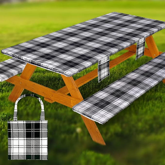 Fitted Picnic Table Cover with Bench Covers Waterproof Elastic Edges Rectangle Patio Tablecloth Outdoor Camping Essentials Stuff Rv Accessories Summer Trip Travel Camper Gifts for Woman Men, 96in 8 ft