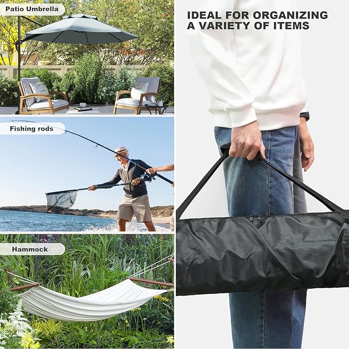67 Inch Waterproof Umbrella Storage Bag for Outdoor Beach Patio Umbrellas, Oversized Hammock and Steel Stand With Handles and Zippers, Black
