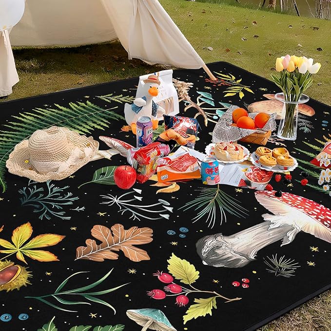 Mushroom Picnic Blankets Waterproof Foldable, 80″X80″Thick Three Layer Picnic Mat Outdoor Blanket for Grass, Large Beach Blanket Sandproof Picnic Accessories for Camping Party Park Patio