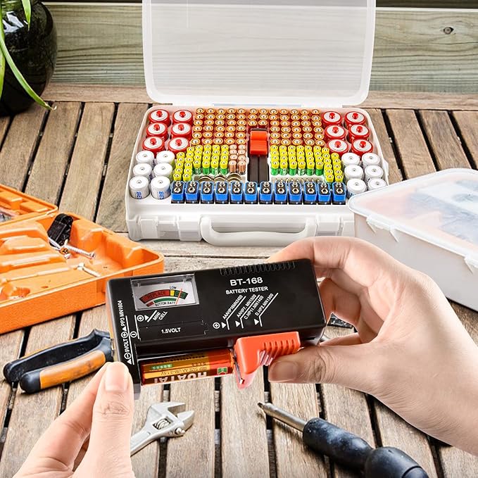 Battery Organizer Storage Case with Double-Sided, Garage Box with Tester Checker Batteries Container for 269pcs AA AAA AAAA 3A 4A 9V C D Lithium 4LR44 CR2 CR123A CR1632 CR2032 18650(Case Only)-White