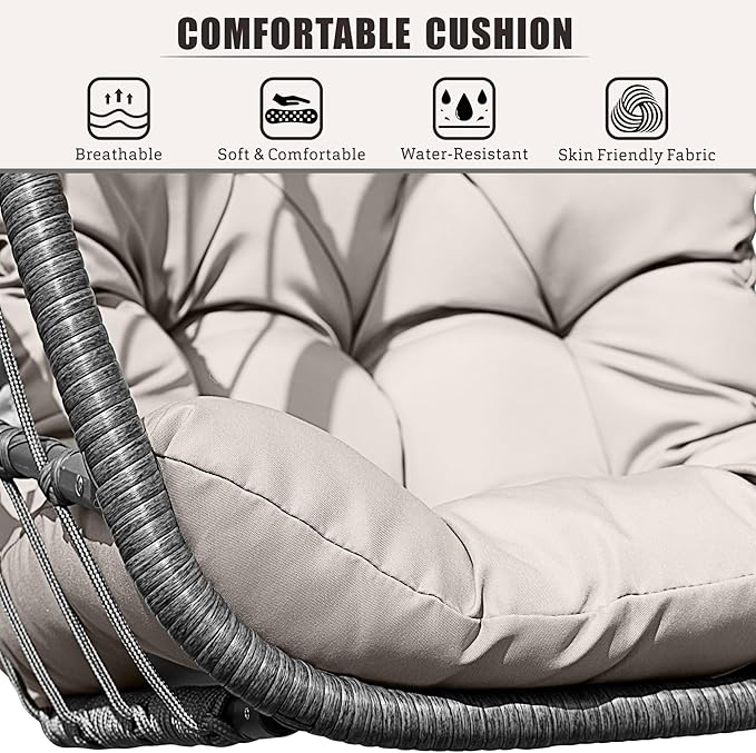 HWB Hanging Egg Chair with Stand, Swing Hammock Chair with Cushion for Indoor Outdoor, Patio Wicker Egg Swing Chair for Balcony Furniture, White