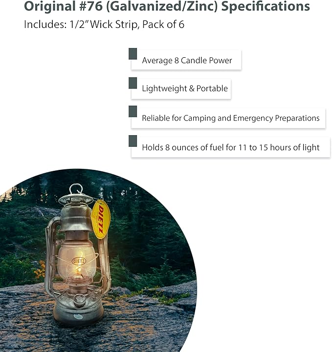 Light of Mine - Dietz #76 Original Galvanized Oil Lantern with 1/2" Replacement Wick Strips (Galvanized/Zinc)